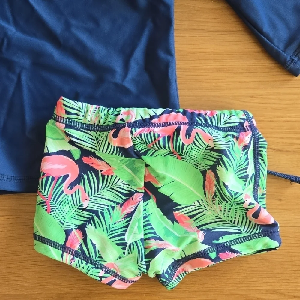 Rugged Butts Tropical Palm Navy Kids  Swim Suit Set, Adorable 3-6mos, EUC, Beach